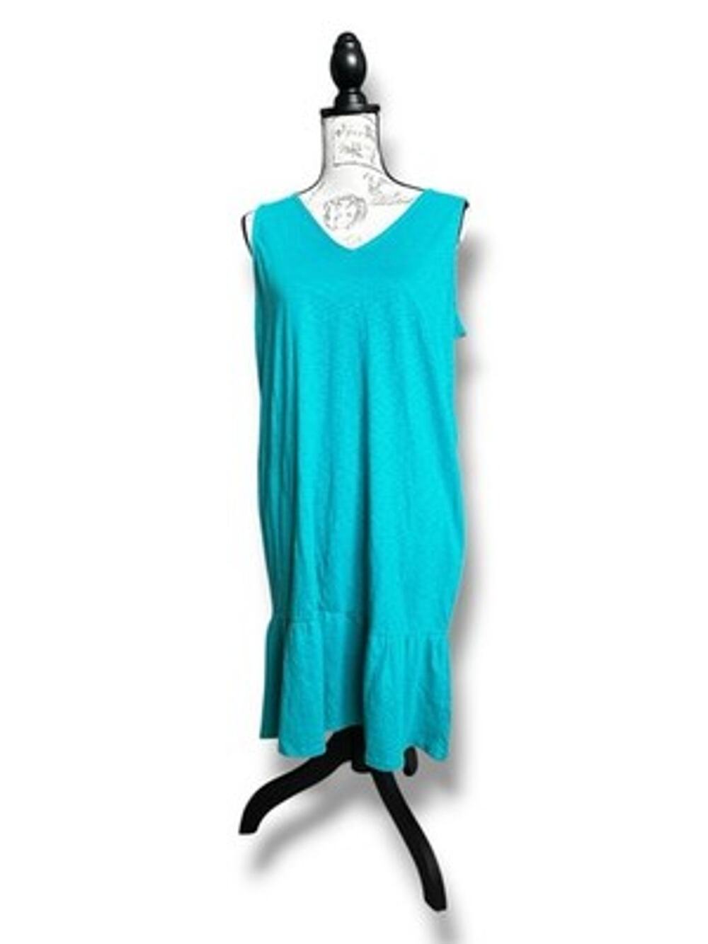 J. Jill Flounced Hem Double V Neck Knit Dress Pockets Teal Green Small NWOT